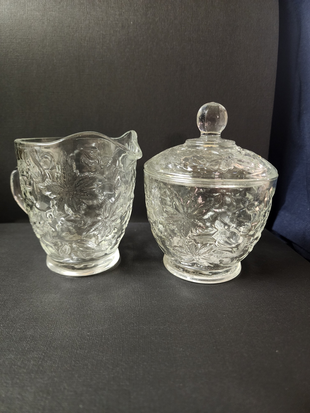 Princess House Clear Pressed Glass Creamer and Covered Sugar Dish